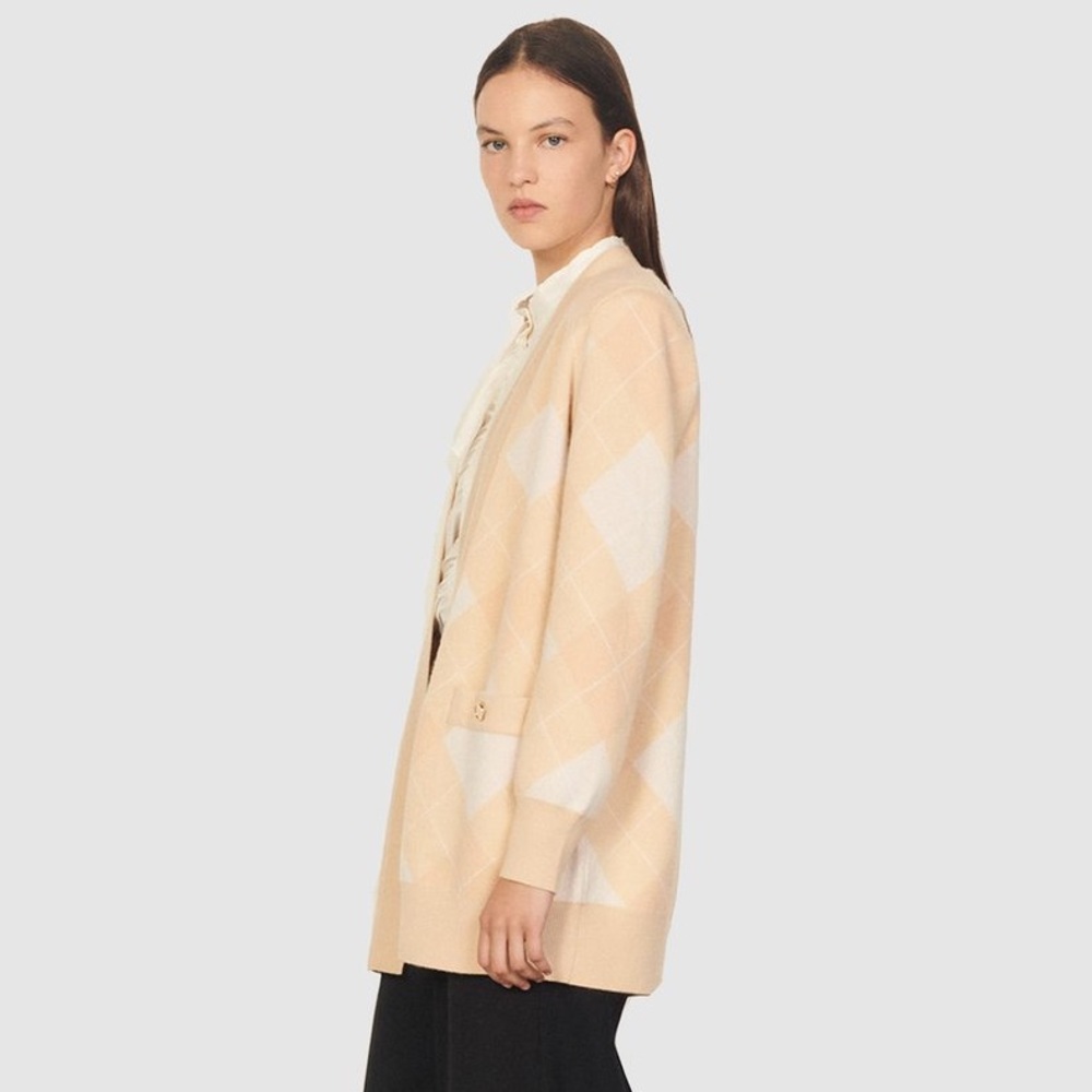 Sandro Argyle Jacquard Cardigan  Tan/White/Cream - Picture 16 of 16